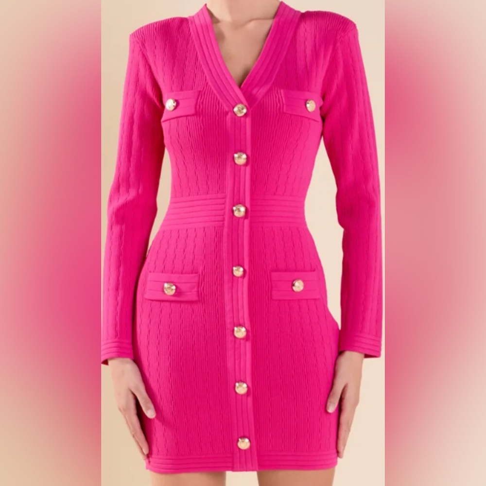 Endless Rose Hot Pink Knit Dress with Gold Accents